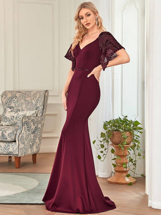 Maxi V Neck Party Dress with Flare Sleeves