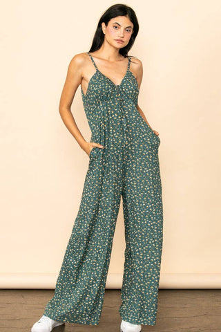 Vintage Tiny Floral Wide Leg Flowy Jumpsuit with Pockets