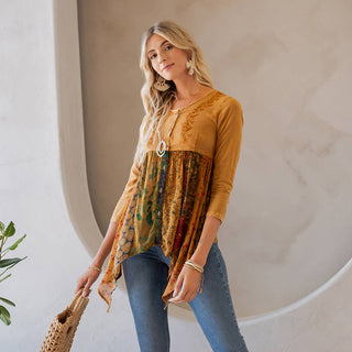 Rustic Bohemian Embroidered Top Camel Button Down Shirt
