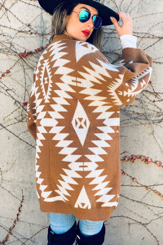 Caramel Open Front Aztec Printed Knitted Cardigan