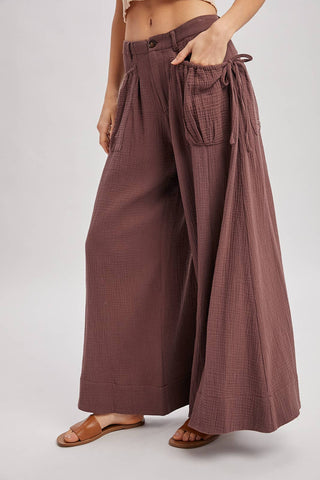 Drawstring Patch Pockets Wide Leg Pants