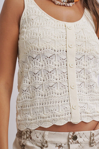 Prairie Pointelle Knit Button Front Tank Top with Scalloped Hem