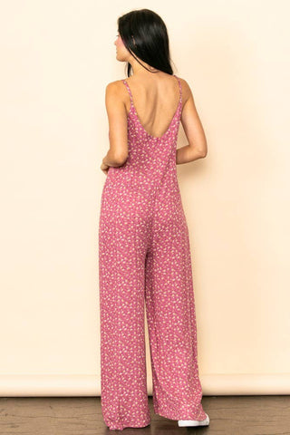 Vintage Tiny Floral Wide Leg Flowy Jumpsuit with Pockets