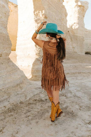 Western Fringe Suede-Style Mini Dress - Brown