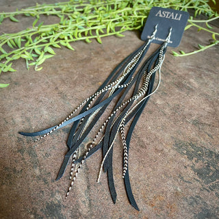 Leather & Feather Long Earrings - Black & Grizzly / Silver