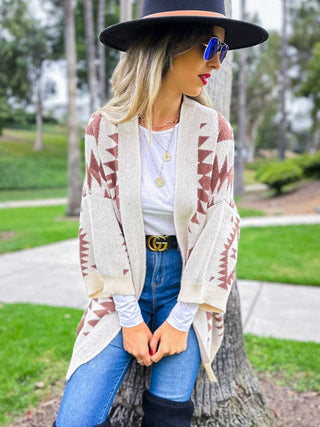 Brown Open Front Aztec Printed Knitted Cardigan