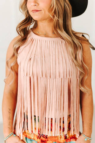 Light Pink Stretch Suede Fringe Tier Sleeveless Top