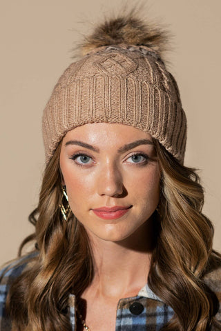 Pattern Knit Beanie with Pom Pom