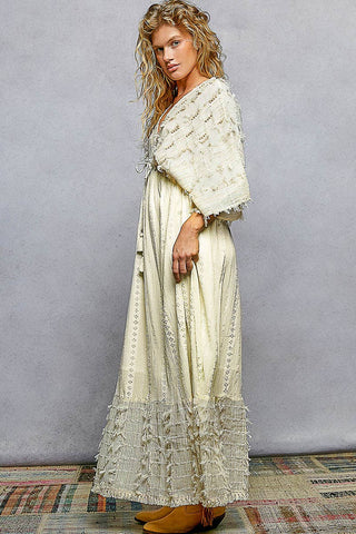V-Neck Wood Bead Tassel Tie Linen Maxi Dress - Natural