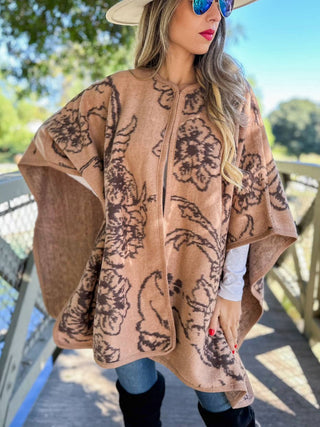 Camel Elegant Floral Print Cape Shawl Ruana Cardigan