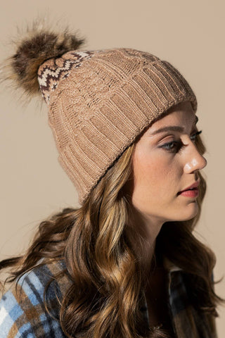 Pattern Knit Beanie with Pom Pom