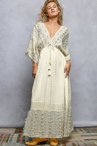 V-Neck Wood Bead Tassel Tie Linen Maxi Dress - Natural