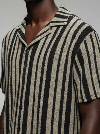 Crochet/Textured Short Sleeve Men's Shirt Black & Cream