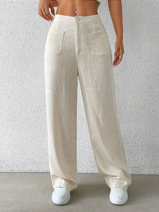 Cream Cotton Linen Straight Leg Pants