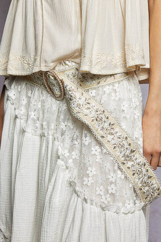 Embroidered Floral Lace Belt with Pearl Circle Buckle