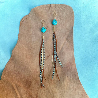 Turquoise & Mini Feather Earrings - Teal Grizzly & Fawn/Gold
