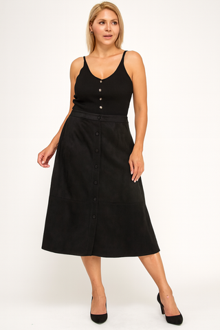 Plus Size Button-Front Faux Suede A-Line Midi Skirt