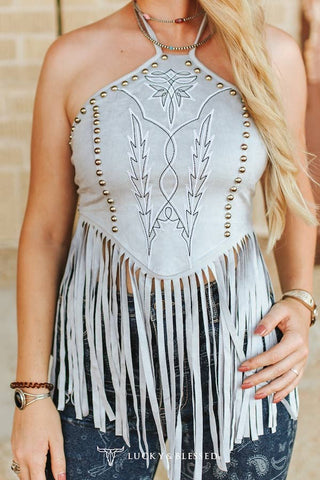 Light Blue Suede Fringe Halter Top with Western Embroidery | Laciann Collective