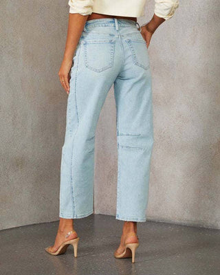 Mid-Waist Washed Denim Straight Leg Jeans – Casual Loose Fit