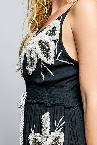 Smocked Waist Embroidered Tassel Ruffle Sleeveless Dress
