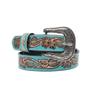 Canyon Shadow Hand-Tooled Leather Women's Belt in Turquoise