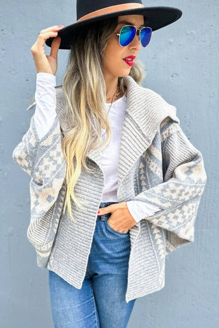 Grey Aztec Pattern Dolman Sleeve Open Front Knit Cardigan
