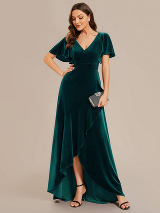 High-low V Neck Velvet evening Evening Dress with Short Sleeves