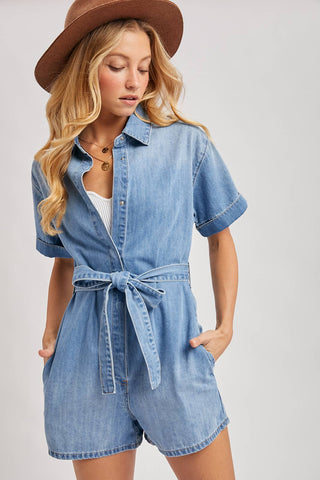 Desert Poppy Denim Belted Shirt Romper