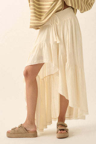 Boho Tassel High‑Low Ruffle Maxi Skirt