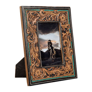 Mesa Plateau Hand-Tooled Leather Turquoise Bead Photo Frame