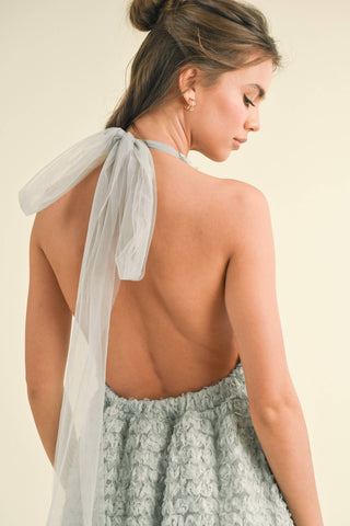 APPLIQUE MESH HALTER A- LINE MINI DRESS