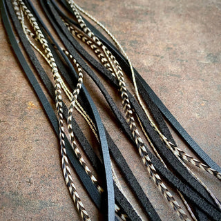 Leather & Feather Long Earrings - Black & Grizzly / Silver