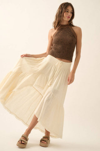 Boho Tassel High‑Low Ruffle Maxi Skirt