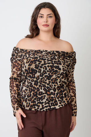 Plus Size Leopard Print Off-the-Shoulder Blouse