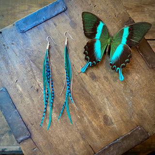 Mini Feather Earrings - Green & Turquoise Grizzly / Silver