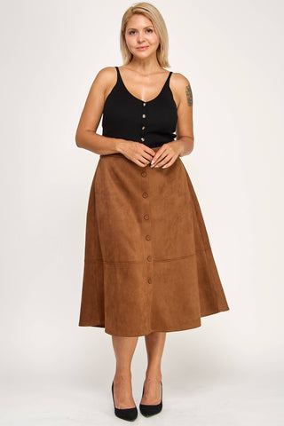 Plus Size Button-Front Faux Suede A-Line Midi Skirt
