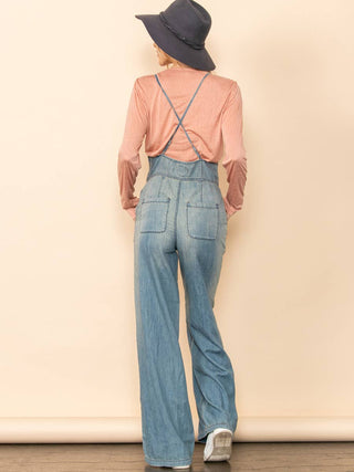 Vintage Washed Denim Wide Leg Overall Jumpsuit with Pockets