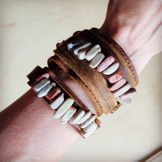 Genuine Leather Narrow Cuff with Aqua Terra Stones