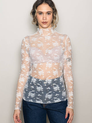 Lace Mock Neck Long Sleeve Floral Embroidered Layering Top