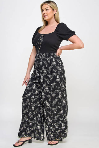 Plus Smocked Floral Print Jumpsuit