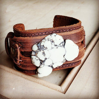 Genuine Leather Wide Cuff with White Turquoise Slab
