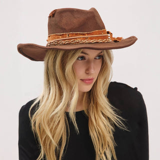 Distressed Cowgirl Fedora with Feather Detail