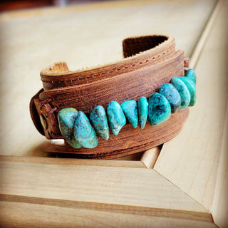 Genuine Leather Wide Cuff Bracelet w/ Large Natural Turquoise Chunks