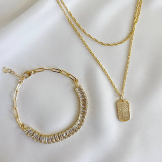 Pave CZ Dog Tag Pendant Necklace Gold Filled