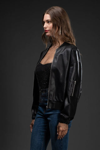 Zip-Up Faux Leather Bomber Jacket – Sleek, Structured & Boutique-Polished