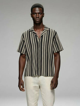 Crochet/Textured Short Sleeve Men's Shirt Black & Cream