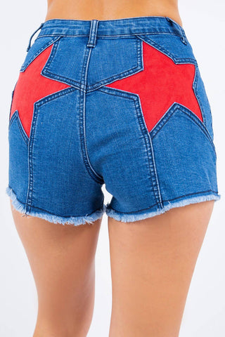 Red Star Suede Distressed Denim Shorts | Laciann Collective