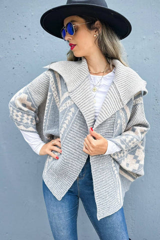 Grey Aztec Pattern Dolman Sleeve Open Front Knit Cardigan