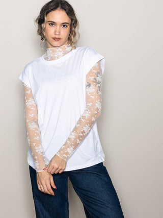 Lace Mock Neck Long Sleeve Floral Embroidered Layering Top