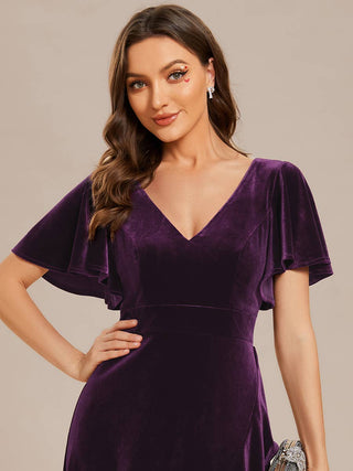 High-low V Neck Velvet evening Evening Dress with Short Sleeves